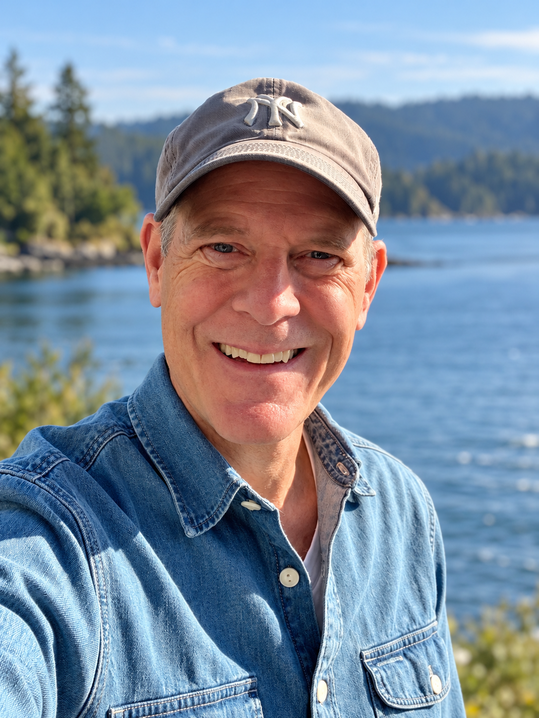 Christopher Goebel smiling beside a Pacific Northwest waterfront